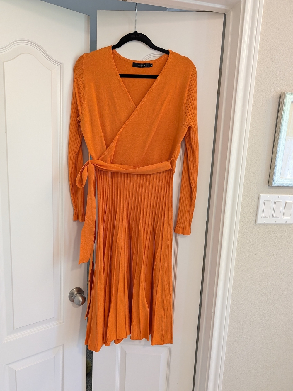 Bright Orange Faux Wrap Pleated Midi Dress L